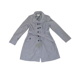 Merona Long Trench Coat Blue Gray Jacket Size Large Belted Fully Lined Overcoat